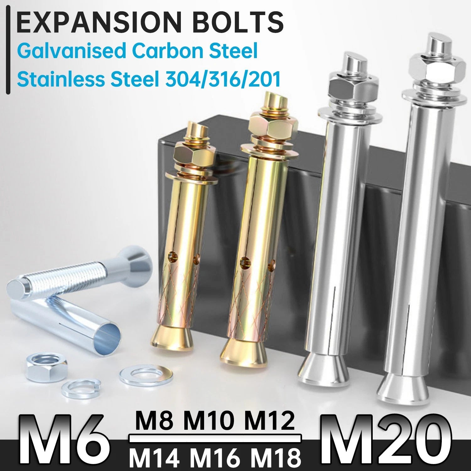 Concrete Expansion Bolts Wall Anchor Screws — M6 to M20 | Stainless Steel & Zinc Plated