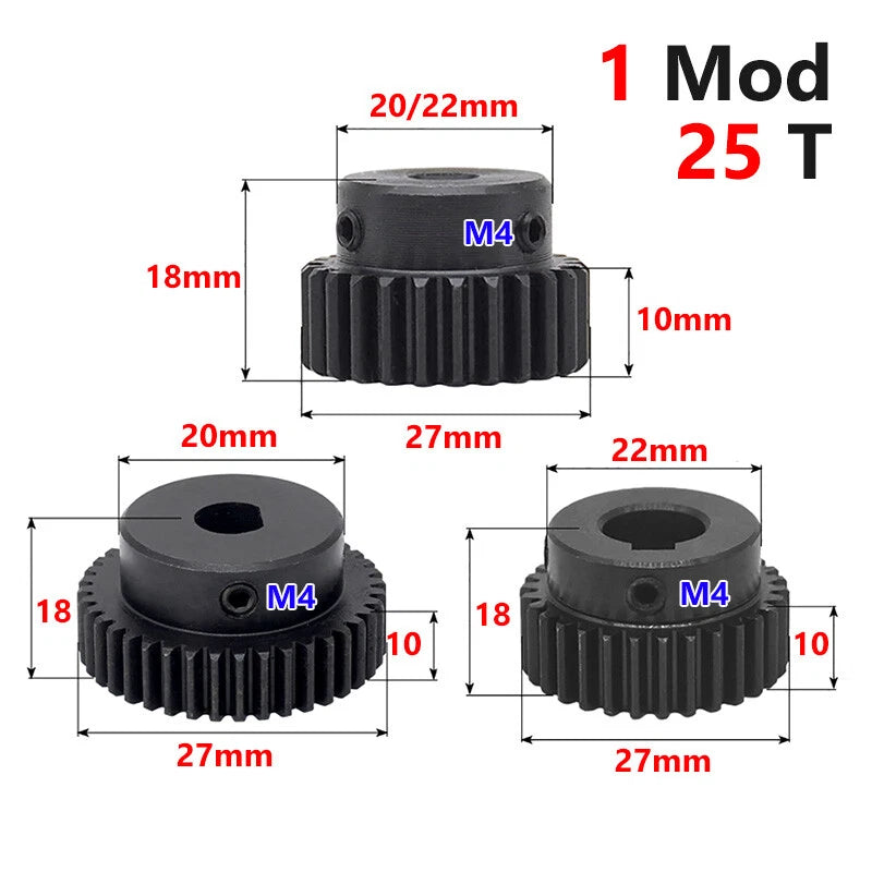 1 Mod 25 Teeth Spur Gear Motor Gears with Set Screws Black Oxide Carbon Steel
