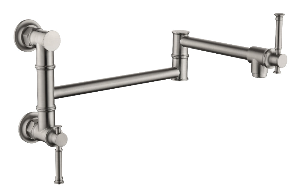 Wall Mounted Pot Filler Faucet – Brushed Nickel, Two-Attachment Folding Swing Arm, Dual Handle, Solid Brass