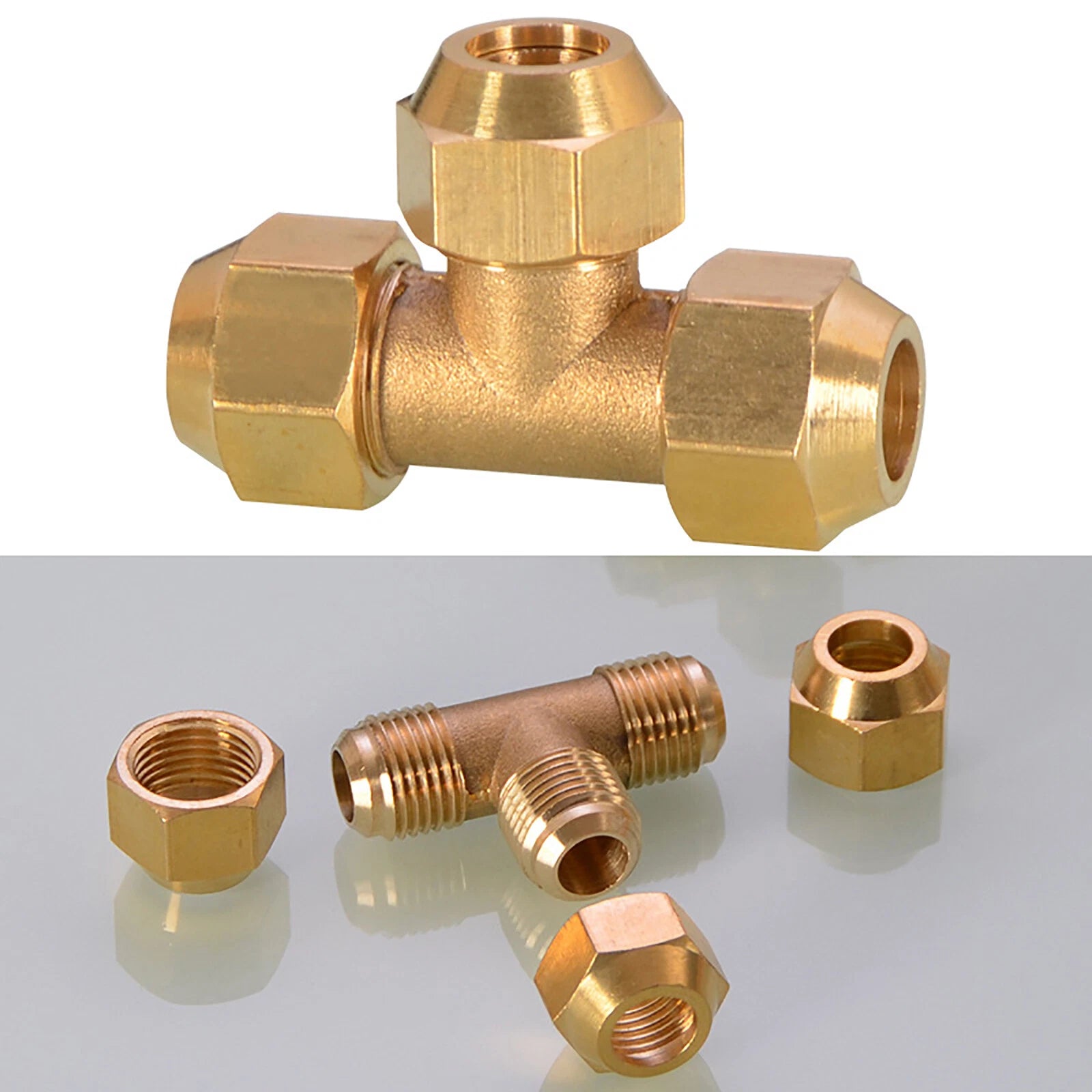 Flare Tee Brass Fitting for AC Copper Tube — 8mm & 10mm