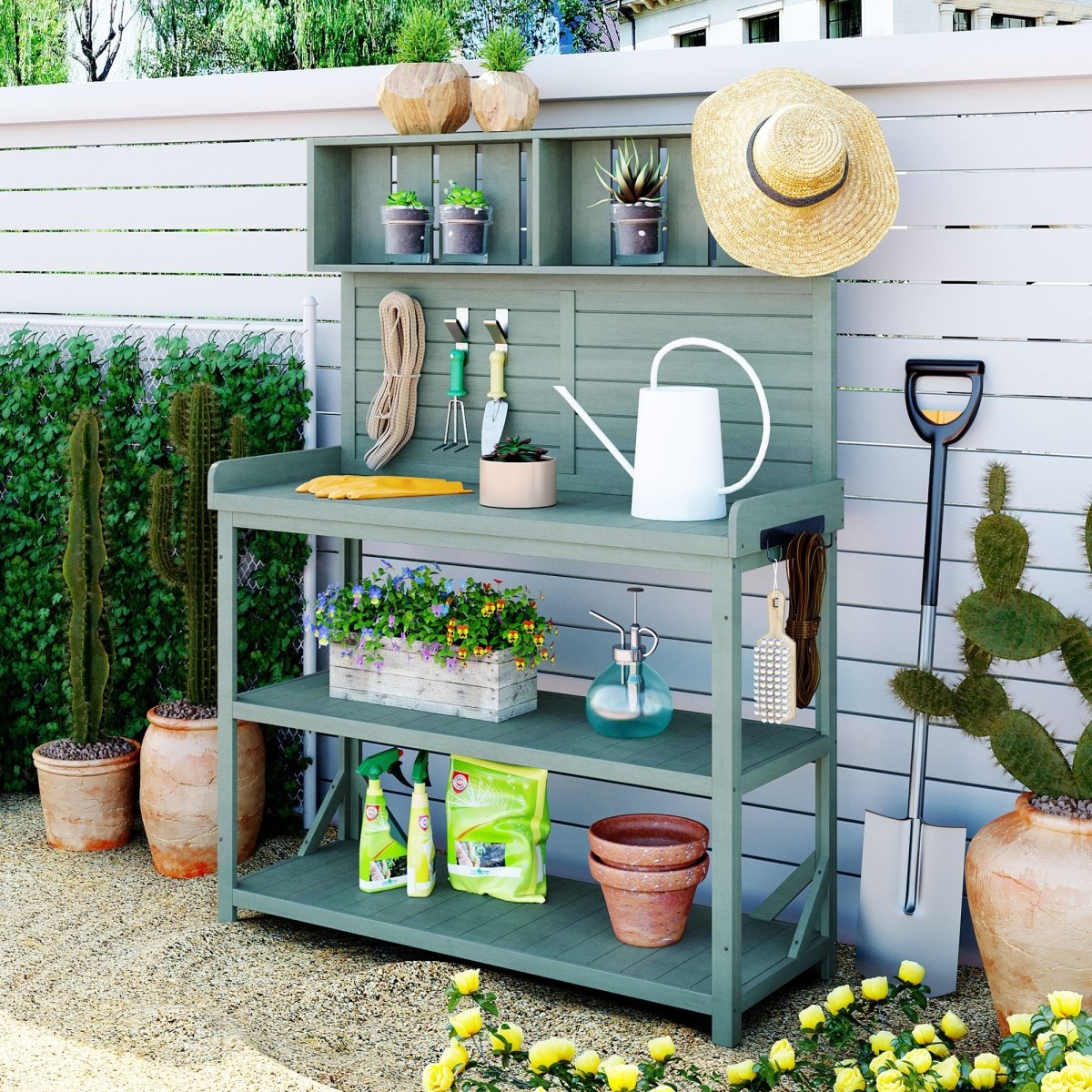 65" Large Wooden Farmhouse Rustic Outdoor Potting Bench Table, Patio Workstation, Garden Potting Bench with 4 Storage Shelves and Side Hook,Green - HomeDIYer