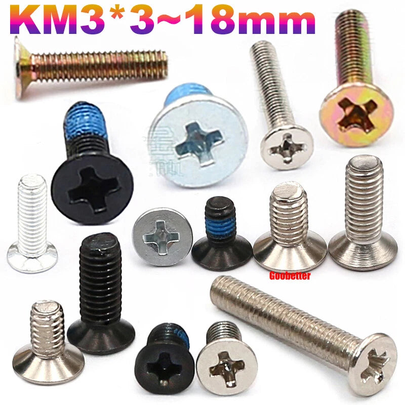 KM3 Phillips Countersunk Machine Screws – M3 x 3–18mm, Carbon or 304 Stainless, Multiple Finishes (Cross Flat Head)