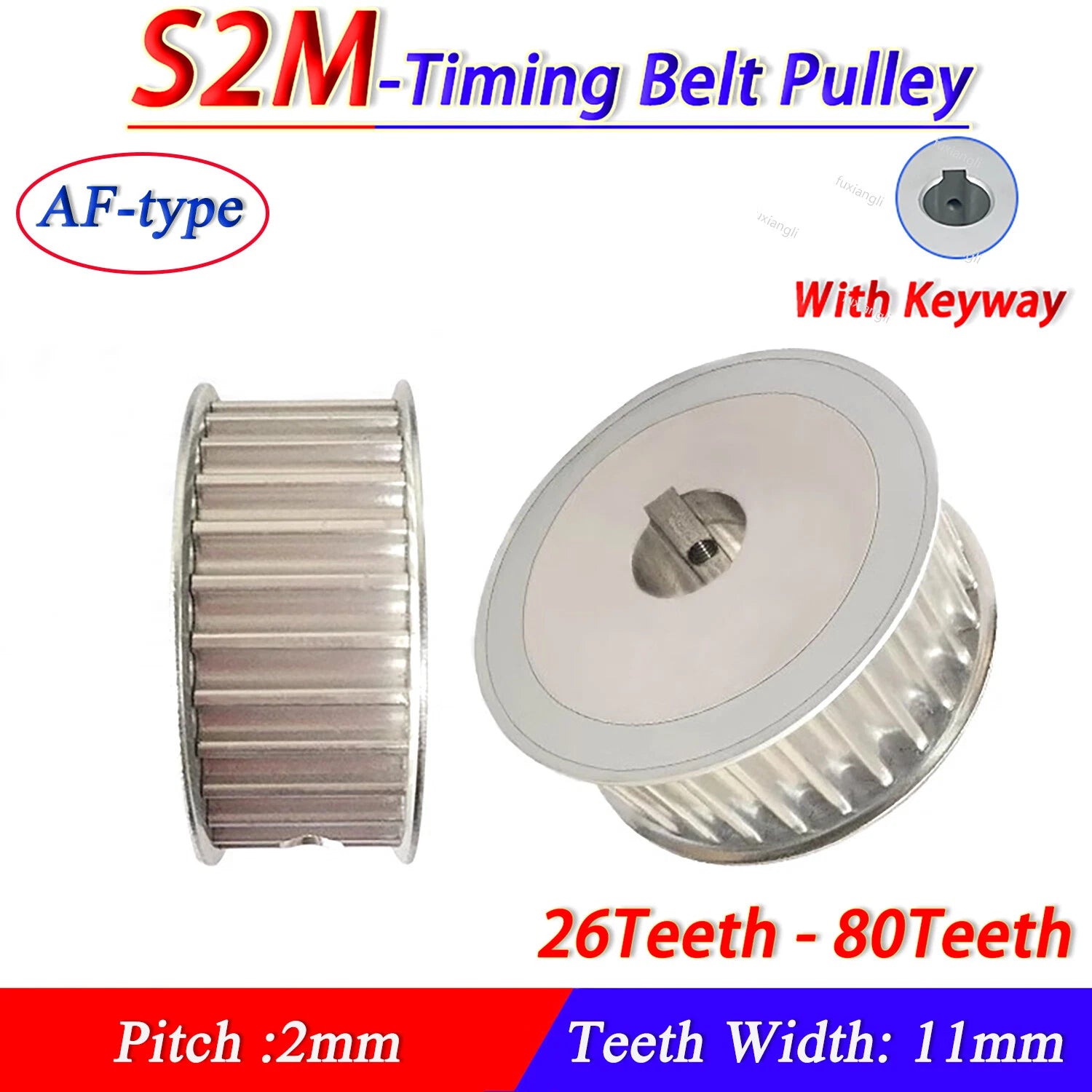S2M Timing Belt Pulleys 26-80Teeth  Pitch 2mm AF-type With Keyway Width 11mm