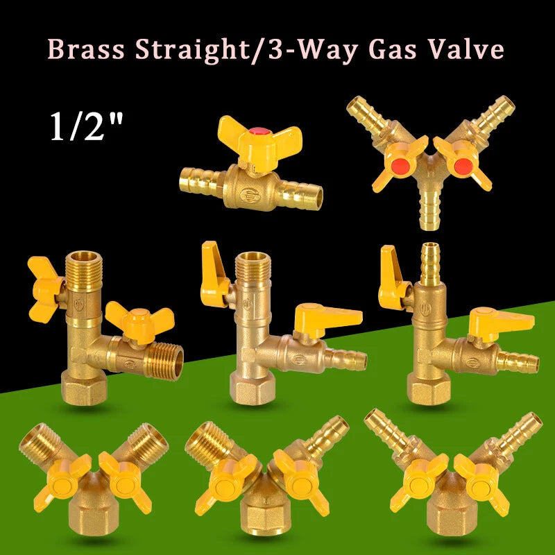 1/2" Brass 3-Way Ball Valve — Shut-Off Pipe Fitting with M1/2" & Hose Barb Ends