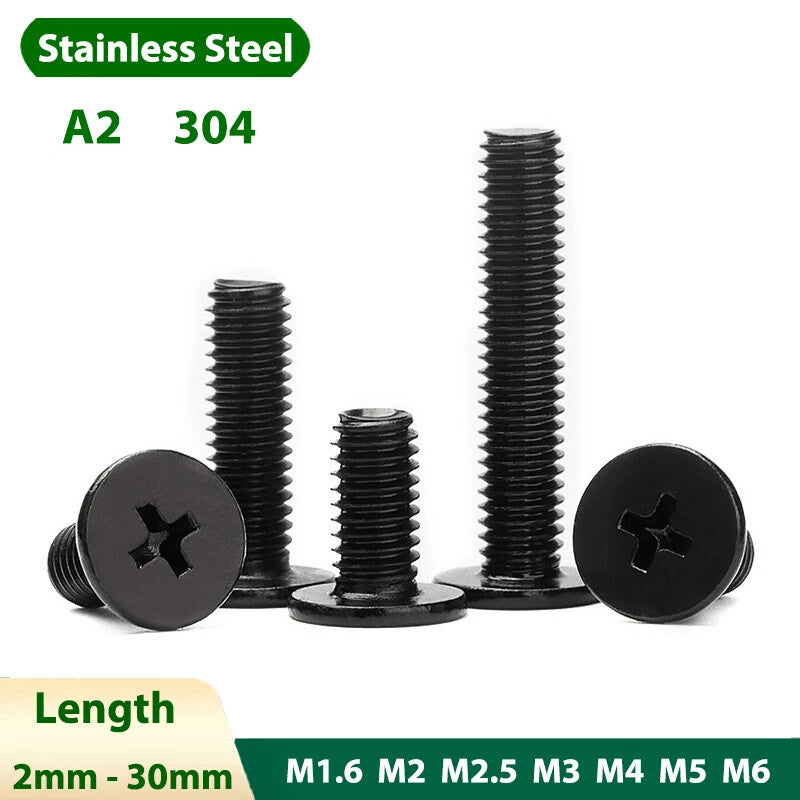M1.6–M6 Black Stainless Steel A2 Pan Head Phillips Machine Screws