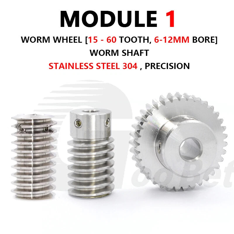 Module 1 Worm Shaft Worm Gear Wheel Stainless Steel 15 to 60 Tooth Precision 304