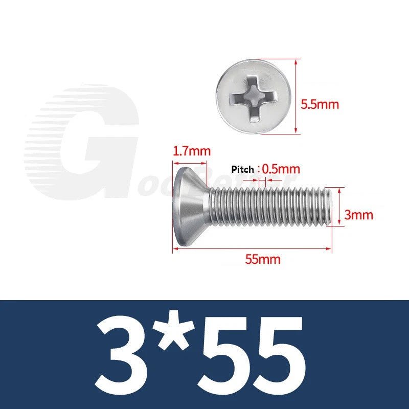 M1–M3.5 Phillips Countersunk Machine Screws – 304 Stainless Steel, Fully Threaded (3–120mm Overall Length) - HomeDIYer