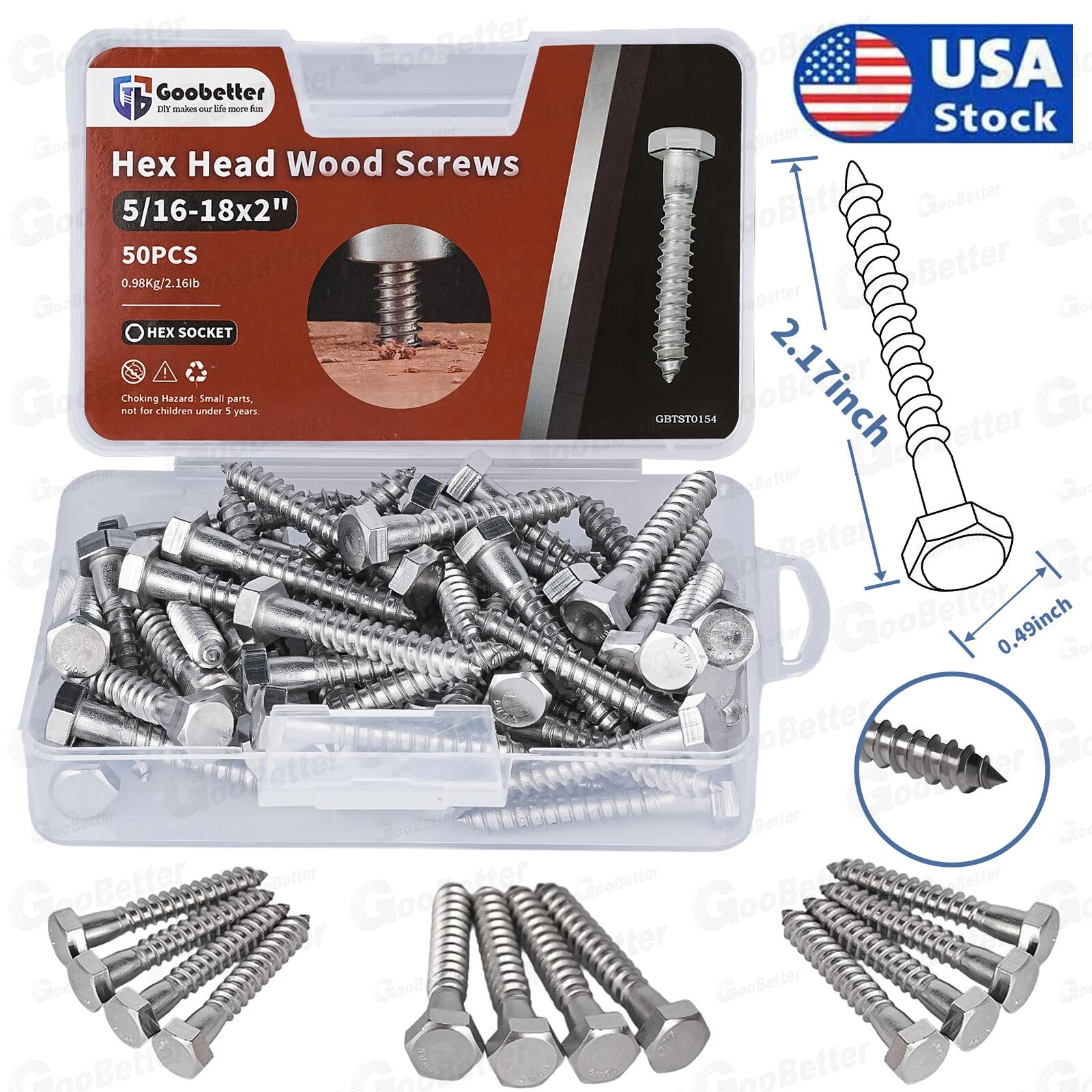50PCS Hex Head 5/16"-18x2" Lag Bolts Stainless Steel Wood Screws Hex Head Screws