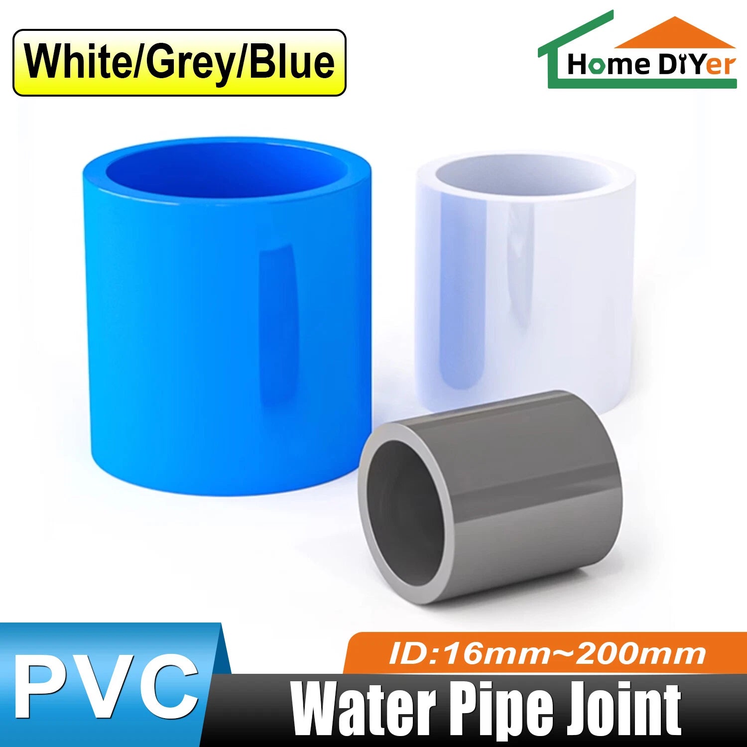 PVC Straight Pipe Coupling Socket — ID 16mm–200mm, White / Blue / Grey