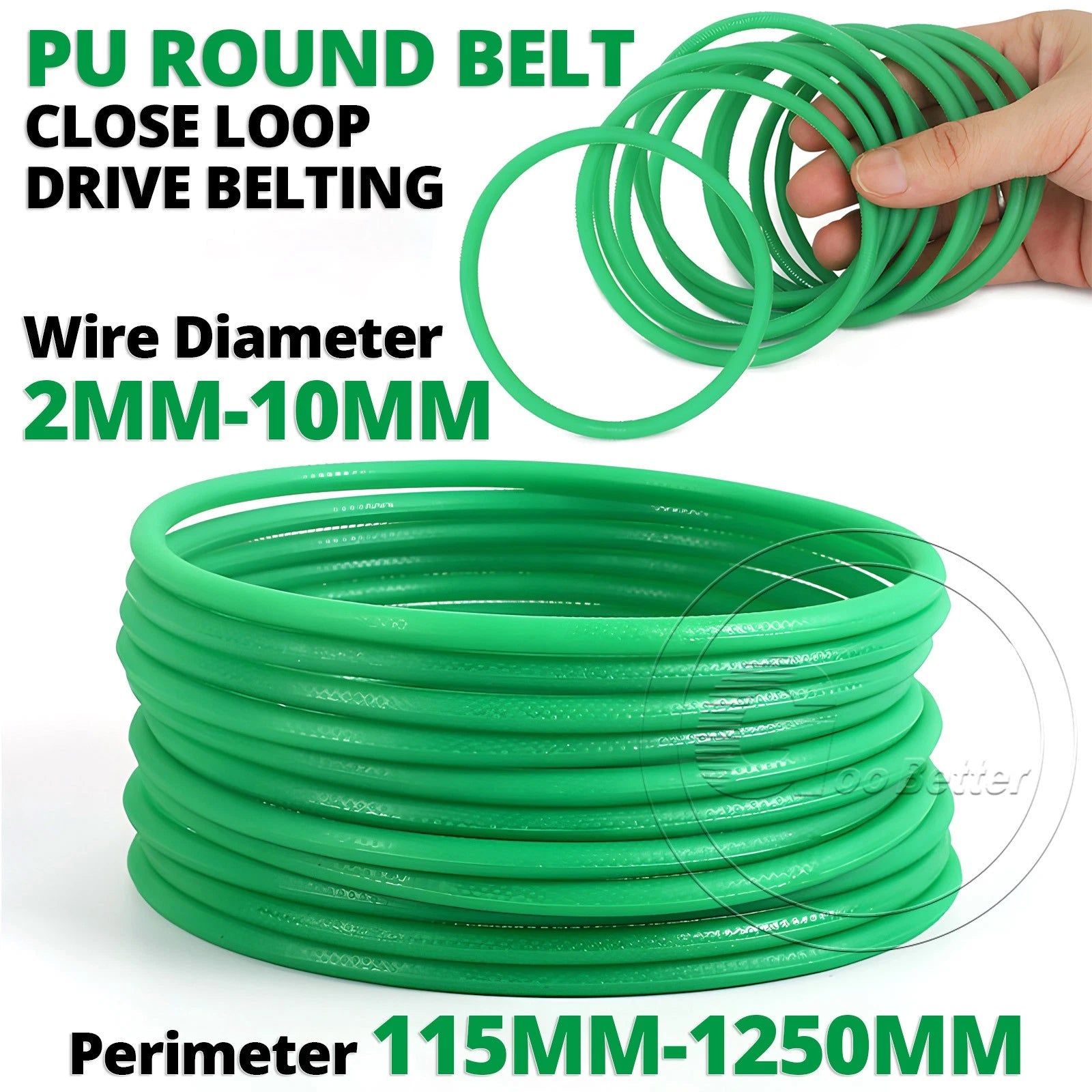 PU Round Belt Polyurethane Drive Belting — Green Solid Close Loop, 2–10mm Wire Diameter