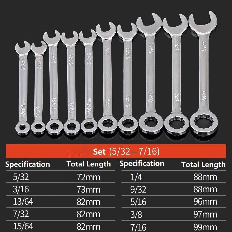 10pcs Combination Spanner Wrench Set Open End Torx-Hex Spanners 5/32" - 7/16"