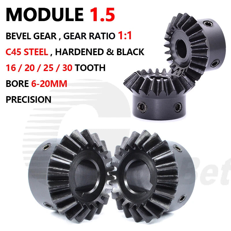 Module 1.5 Bevel Gear C45 Steel Gear Ratio 1:1 16/20/25/30 Tooth Hardened Black