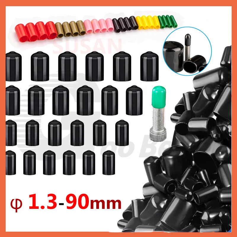 PVC End Caps for Screws, Bolts, Rods & Tubes – Thread Cover Protector, Cable Insulation Caps (1.3mm – 90mm, Black, 15-50mm Lengths)