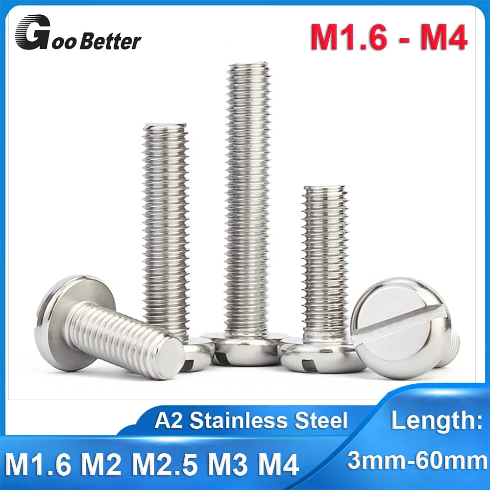 Slotted Pan Head Machine Screws – M1.6 to M4, A2 Stainless Steel, Fully Threaded, Lengths 3mm–60mm