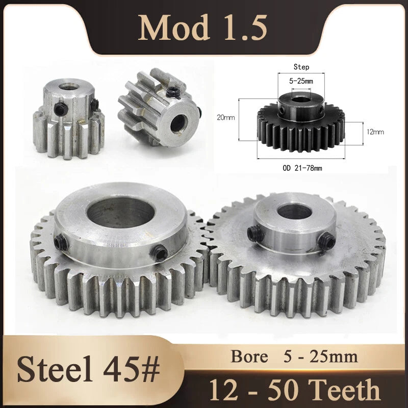 Mod 1.5 Steel 45# Unquenched Spur Pinion Gear 12-50 Teeth Motor Gear 5-25mm Bore