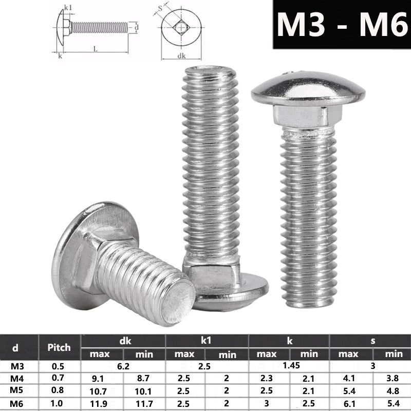 M3 M4 M5 M6 Carriage Bolts – A2-70 Stainless Steel Cup Square Domed Screws