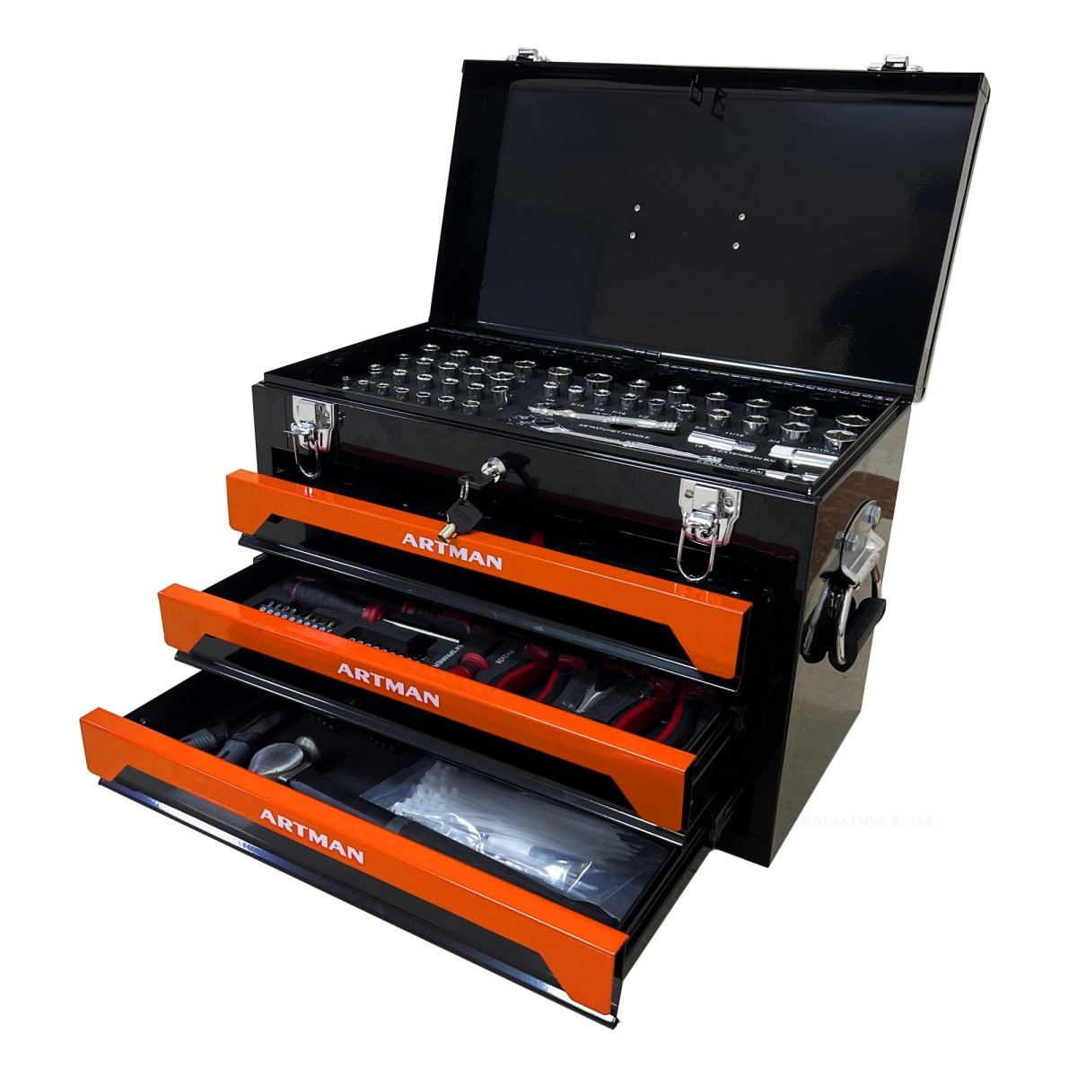 20'' Portable 3 - Drawer Steel Toolbox, 4 Layers of Tools with Metal Latches, with Top Storage Tray and carrying Handle, Multi - Function Tool Storage for Garage, Home, or Workbench ,Black&Orange - HomeDIYer