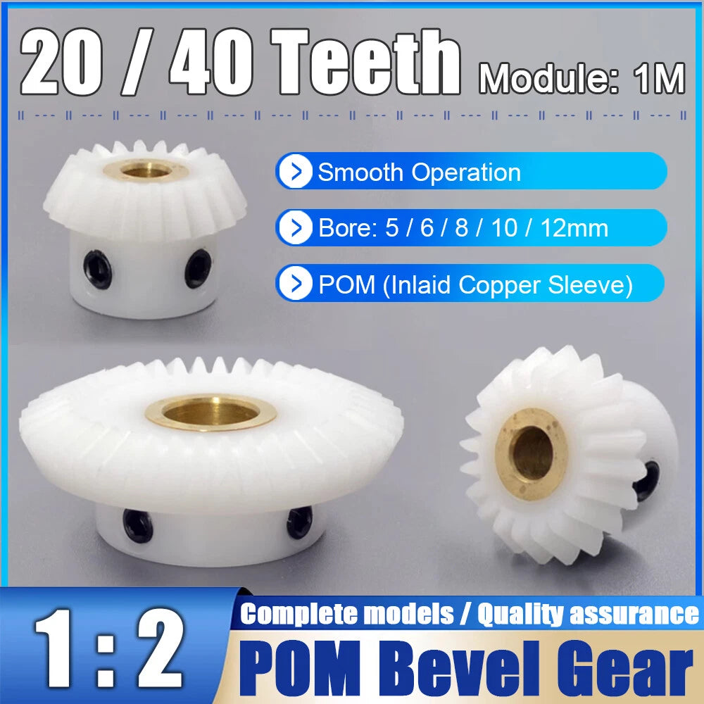 Module 1M Ratio 1:2 White POM Umbrella Bevel Gear 20/40 Teeth Bore 5/6/8/10/12mm