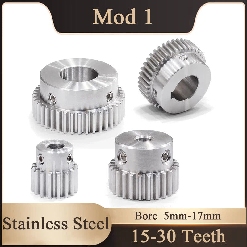Stainless Steel Spur Mod 1 Gears Pinion Gear Motor Gear, 15-30 Teeth 5-17mm Bore