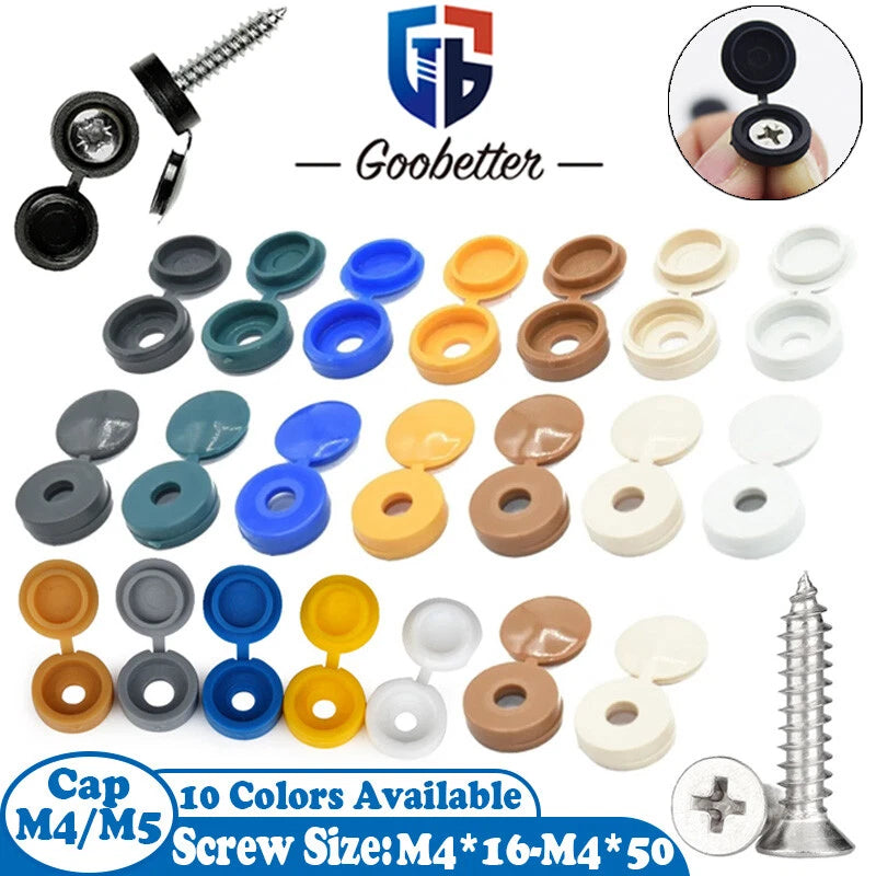 Plastic Fold Over Hinged Screw Cover Caps – for M4/M5 Screws (M4x16 to M4x50) – Multiple Colors (Black, White, Gray, Green, Yellow, Beige)