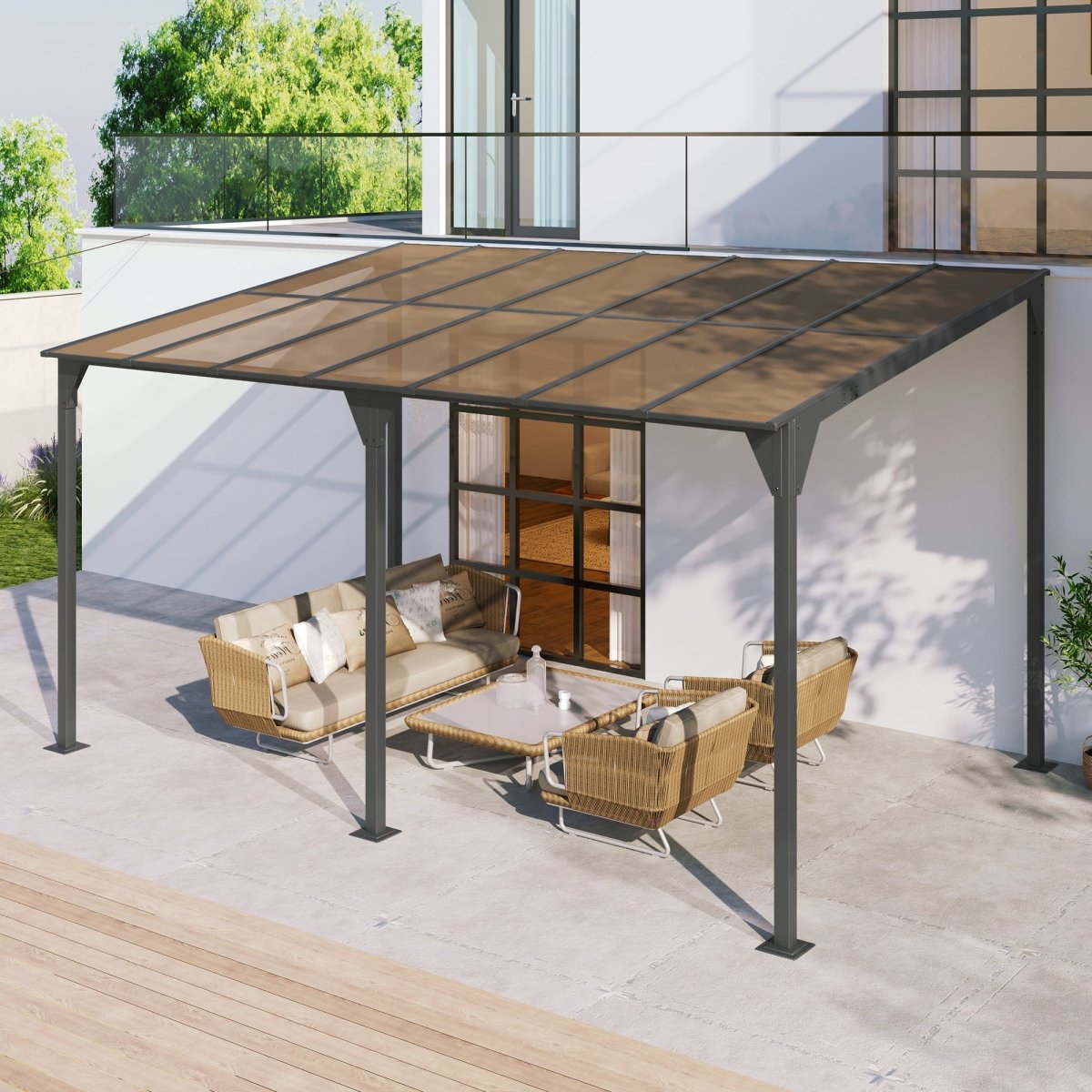 Wall - Mounted Gazebo 14.76*9.22 FT Patio Cover Lean - to Awning with Powder - Coated Iron Frame and with PC Roof Panels Outdoor Sloped Design Shelter for Deck, Garden, Backyard, Gray - HomeDIYer