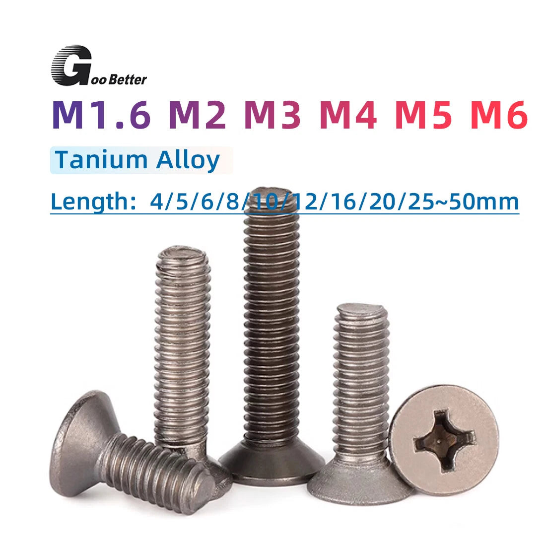 M1.6–M6 Titanium Phillips Countersunk Flat Head Screws – TA2 / Grade 2, Fully Threaded (4–50mm)