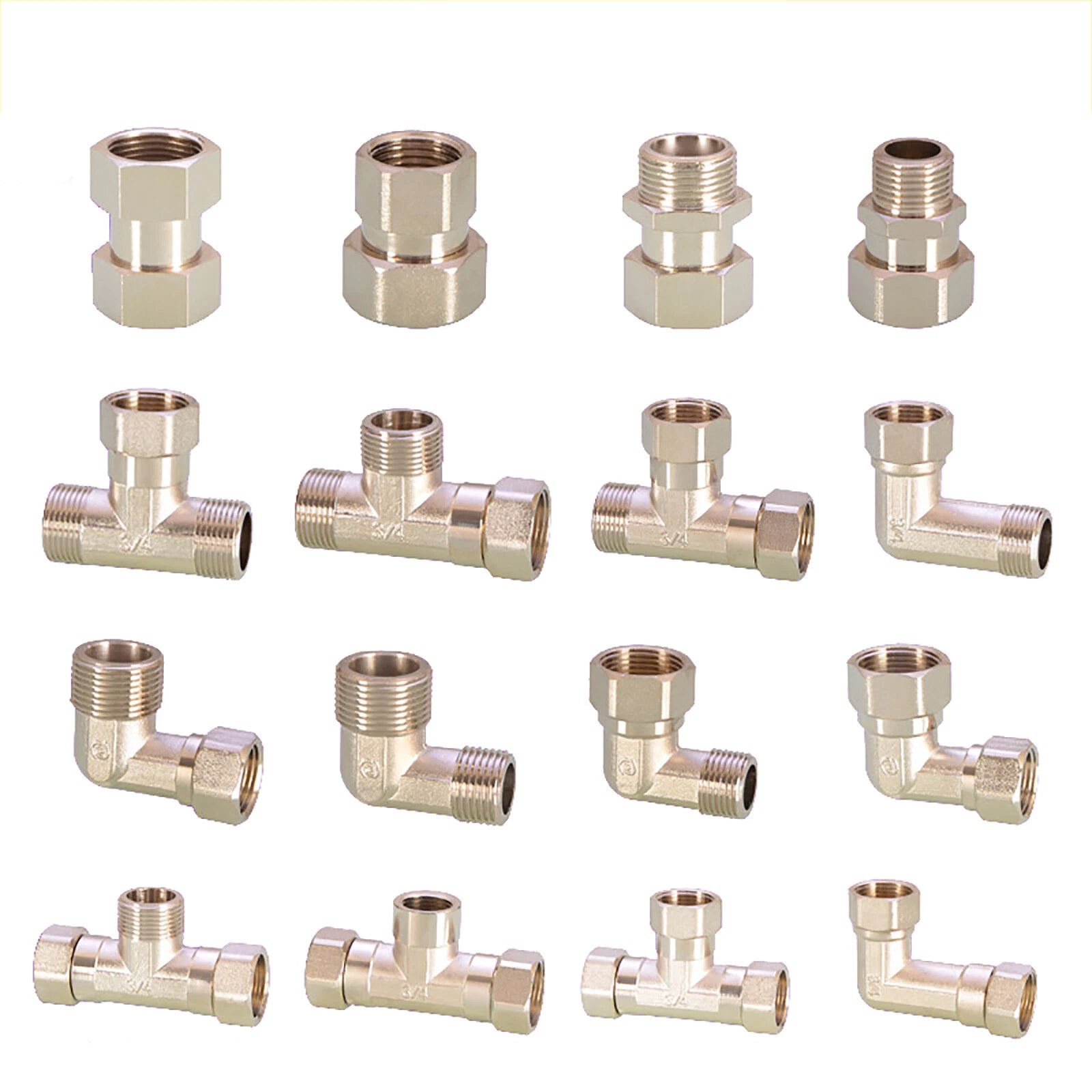 3/4" - 1/2" BSP Brass Pipe Fittings – Elbow 90°, Tee & Union Coupler, Male & Female Thread