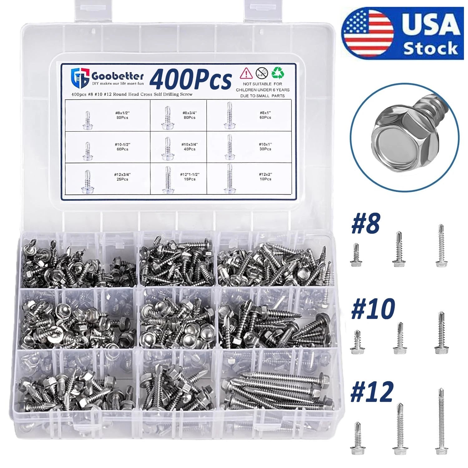 400PCS Hex Washer Head Self Drilling Tek Screws – 410 Stainless Steel, #8 #10 #12