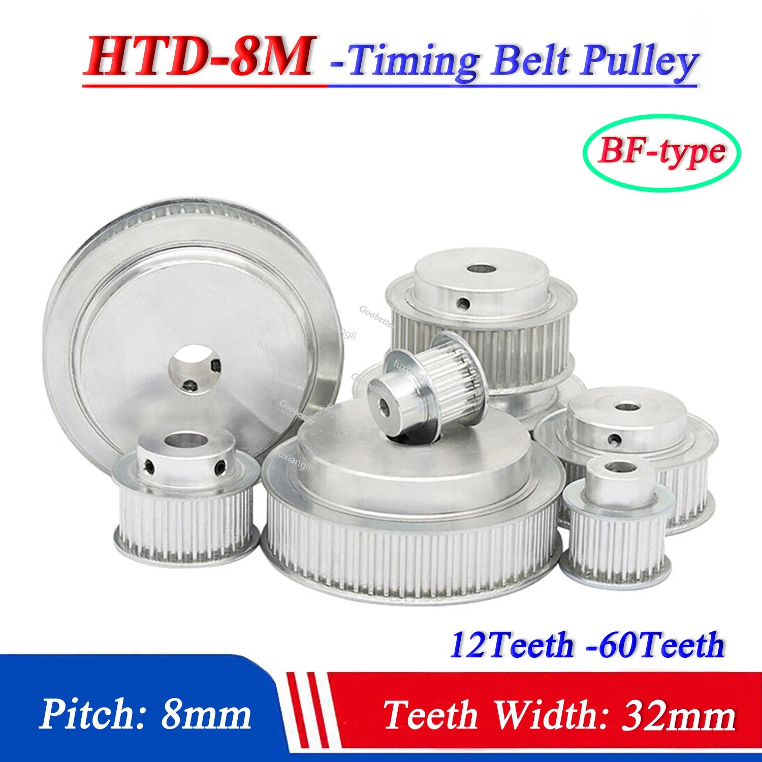 HTD-8M 12T-60T Timing Belt Pulley Pitch 8mm BF-type CNC Drive Pulleys Width 32mm