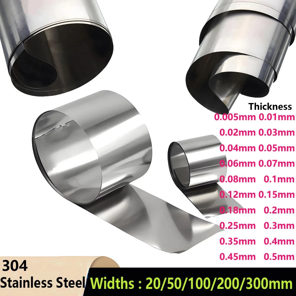 1M 304 Stainless Steel Band Sheet Foil Thin Steel Plate Strip 0.005-0.5mm Thick