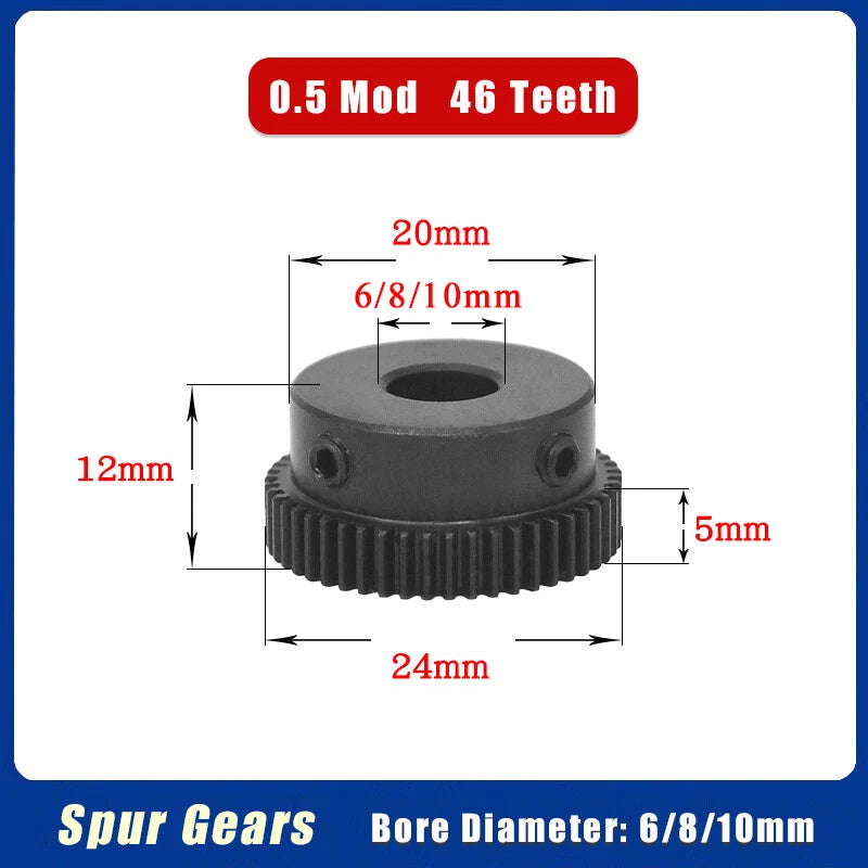 0.5 Mod Spur Gear 46 Teeth Transmission Gear Bore 6/8/10mm Motor Gears 45# Steel