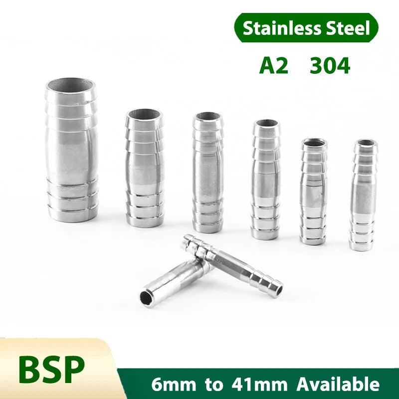 A2 Stainless Steel Straight Hose Joiner Barbed Connector — Sizes 6mm–41mm