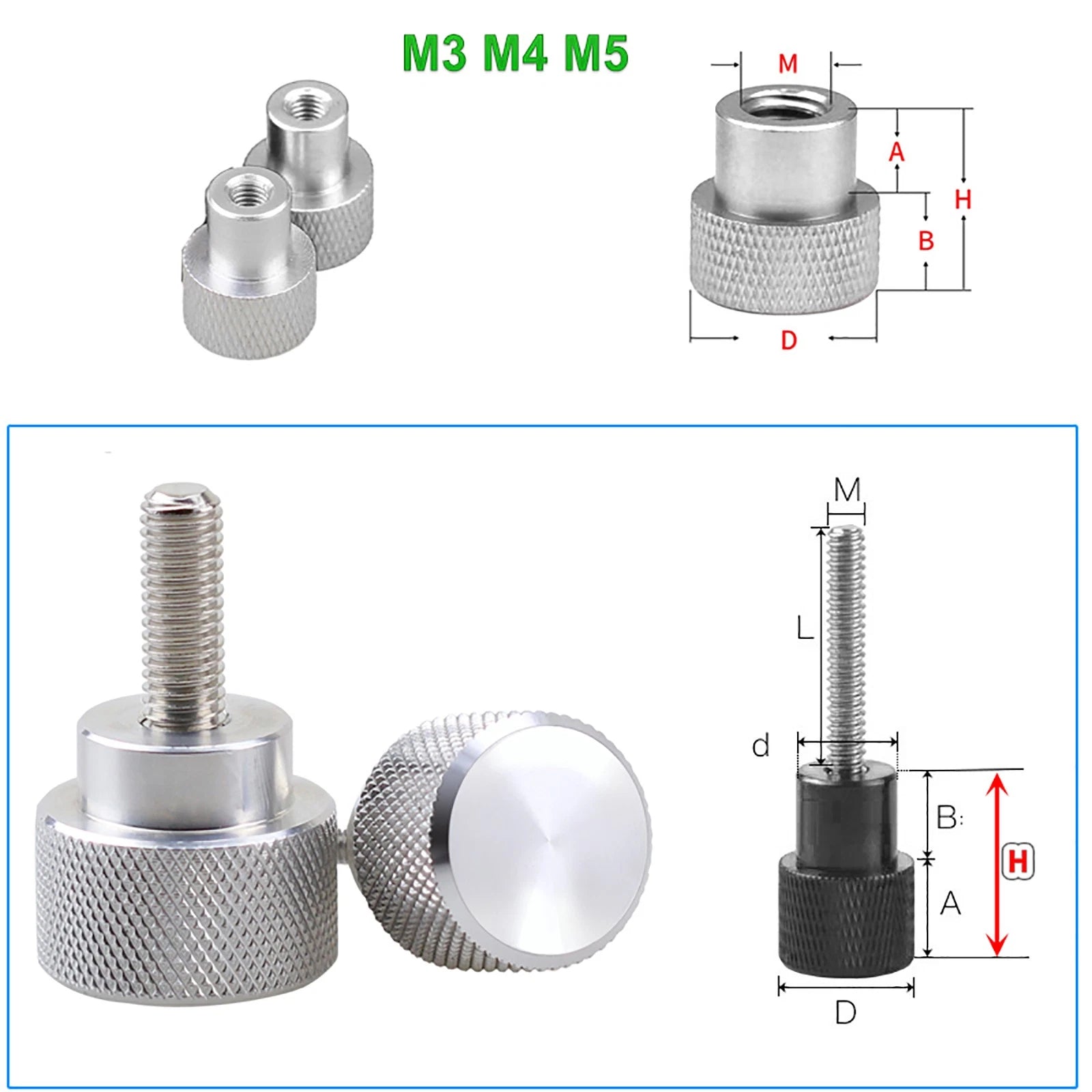 M3/4/5 Knurled Thumb Screws/Nut Red Hand Grip Knob Bolt SS + Al Alloy ，PC Tripod