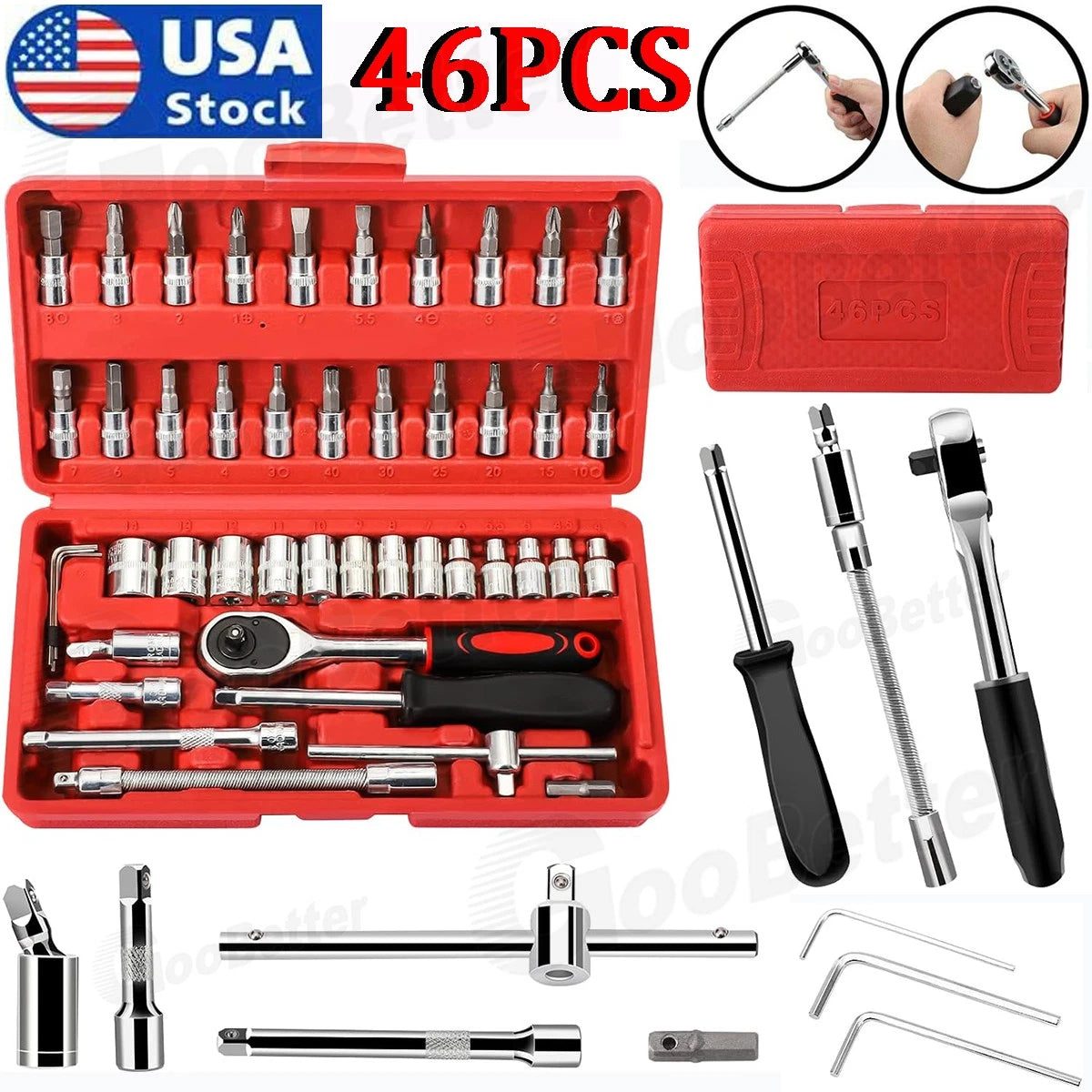 46Pcs Metric Socket Set Ratchet Torx Wrench Kit 1/4" Drive Repair Tool with Case