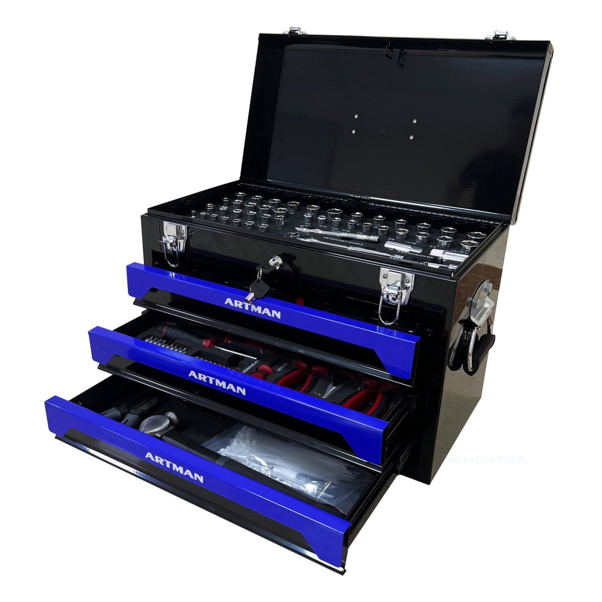 20'' Portable 3 - Drawer Steel Toolbox, 4 Layers of Tools with Metal Latches, with Top Storage Tray and carrying Handle, Multi - Function Tool Storage for Garage, Home, or Workbench ,Black&Blue - HomeDIYer
