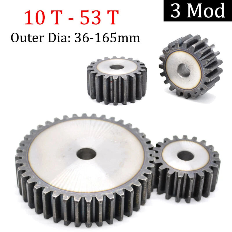 3 Mod 45# Steel Spur Gears 30mm Thick 10-53 Teeth 36-165mm OD Transmission Gear