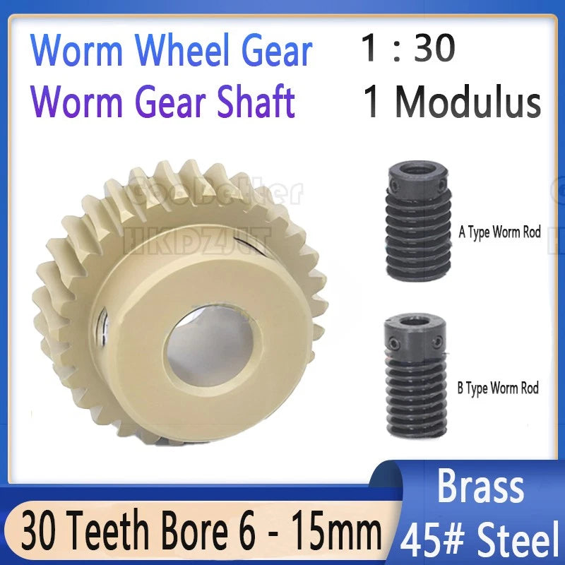 Module 1 Brass Worm Gear Wheel 30 Tooth 45# Steel Rod Worm Gear Shaft Precision
