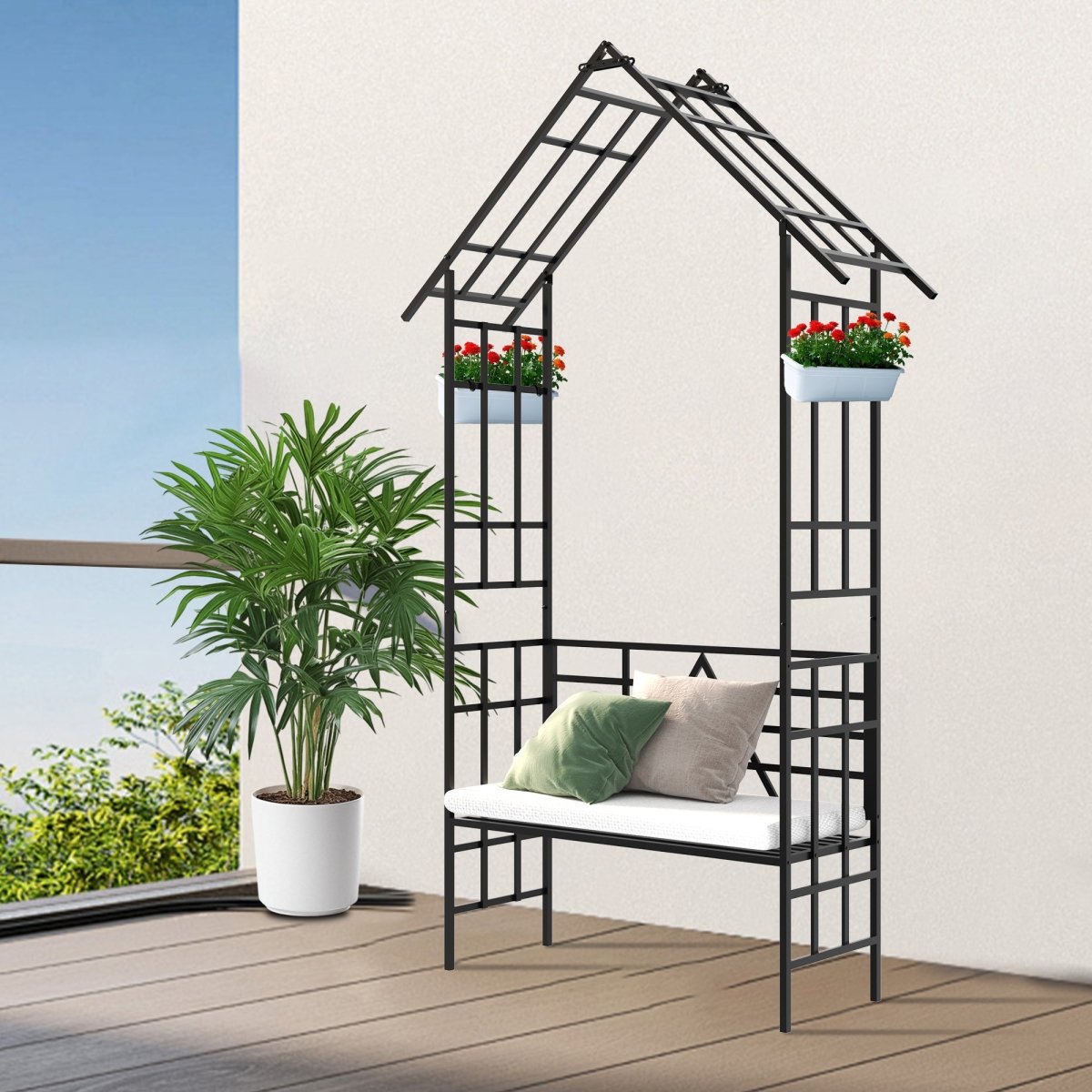 Metal Garden Arch with Bench Turned into Flower Stand W58.07*H97.24 Climbing Plants Support Rose Arch Outdoor Black - HomeDIYer