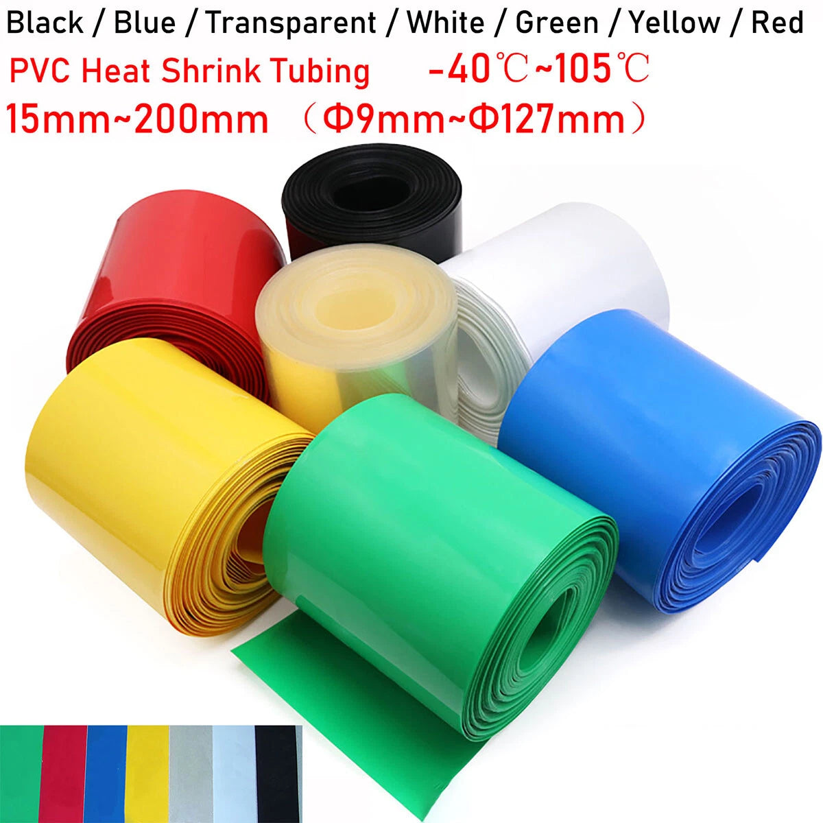 PVC Heat Shrink Tubing 15mm–200mm | RC Battery Pack Wrap | 7 Colors