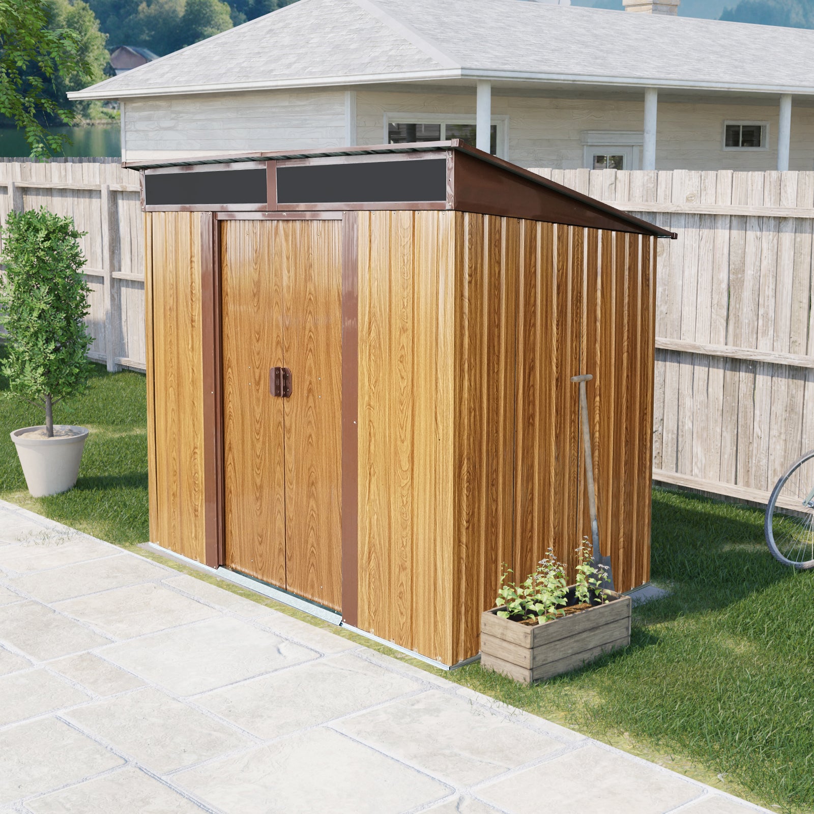 6ft x 5ft Outdoor Metal Storage with Transparent plate and Foundation for Backyard Garden Patio --Coffee