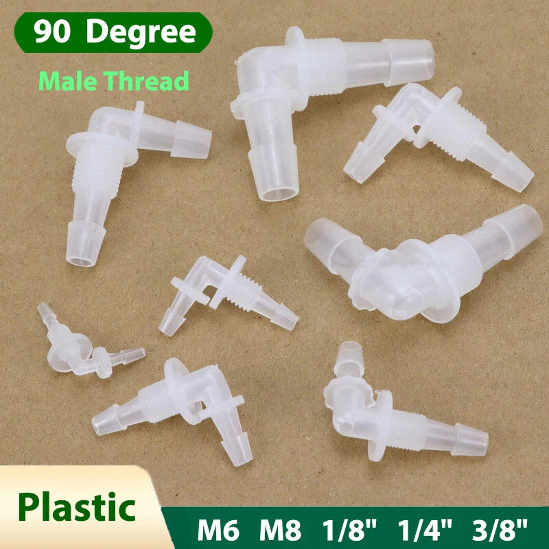 90 Degree Barbed Hose Fitting — Male Thread Plastic Elbow Connector for Air & Water Lines