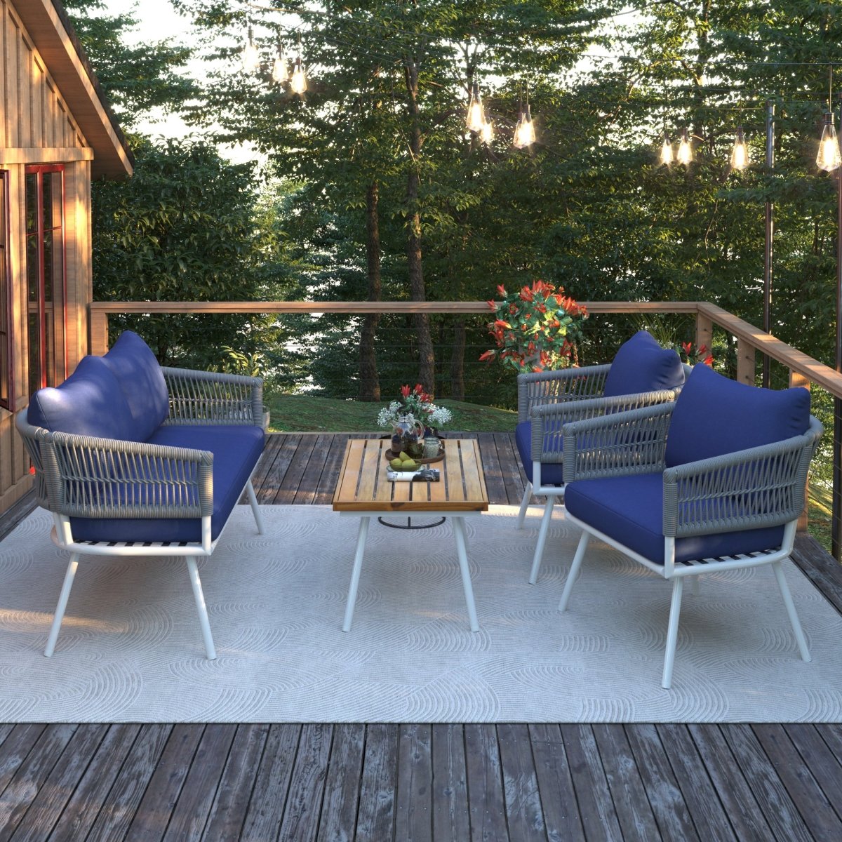 4 - Piece Boho Rope Patio Furniture Set, Outdoor Furniture with Acacia Wood Table, Patio Conversation Set with Deep Seating & Thick Cushion for Backyard Porch Balcony, Navy Blue - HomeDIYer