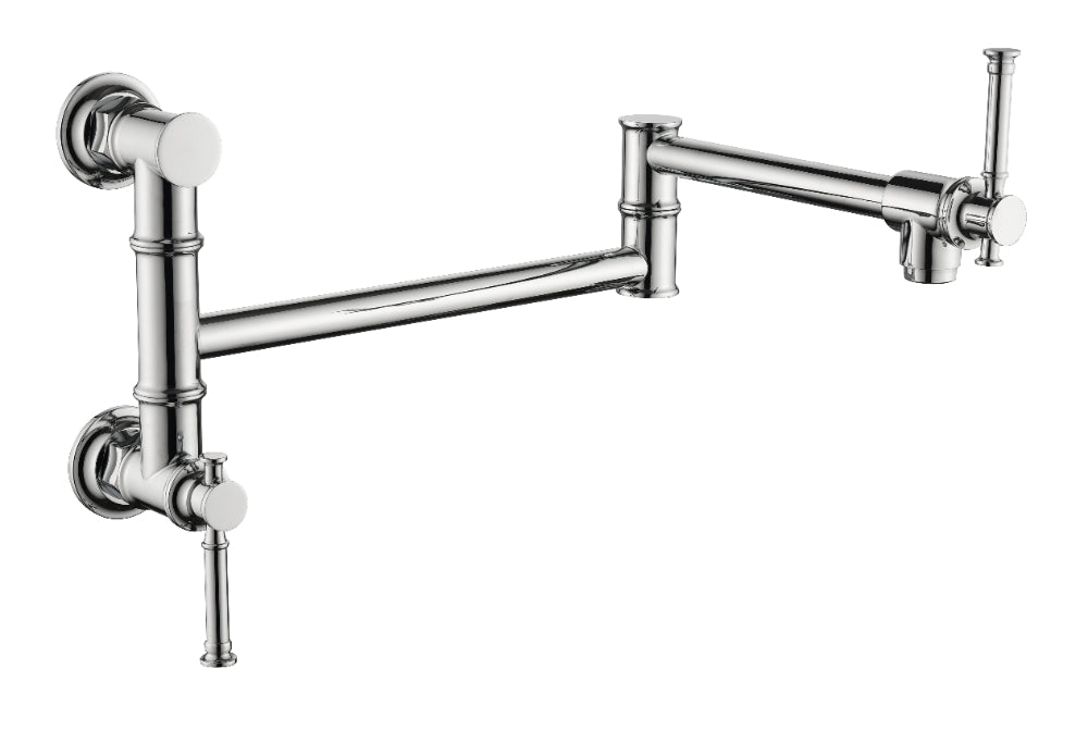 Wall Mounted Pot Filler Faucet – Chrome, Two-Attachment Folding Swing Arm, Dual Handle, Solid Brass