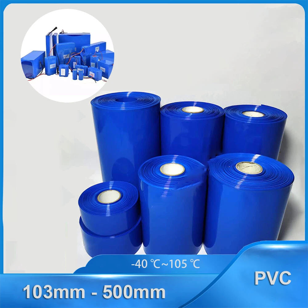 PVC Heat Shrink Tube for RC Battery Packs — 103mm to 500mm Flat Width, Blue & Clear