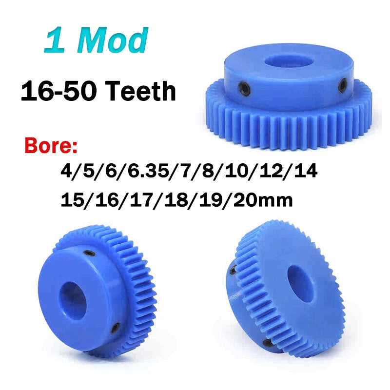 1 Mod Blue Nylon Spur Gear 16-50T Bore 4-20mm Pinion Gear Motor Gear With Step