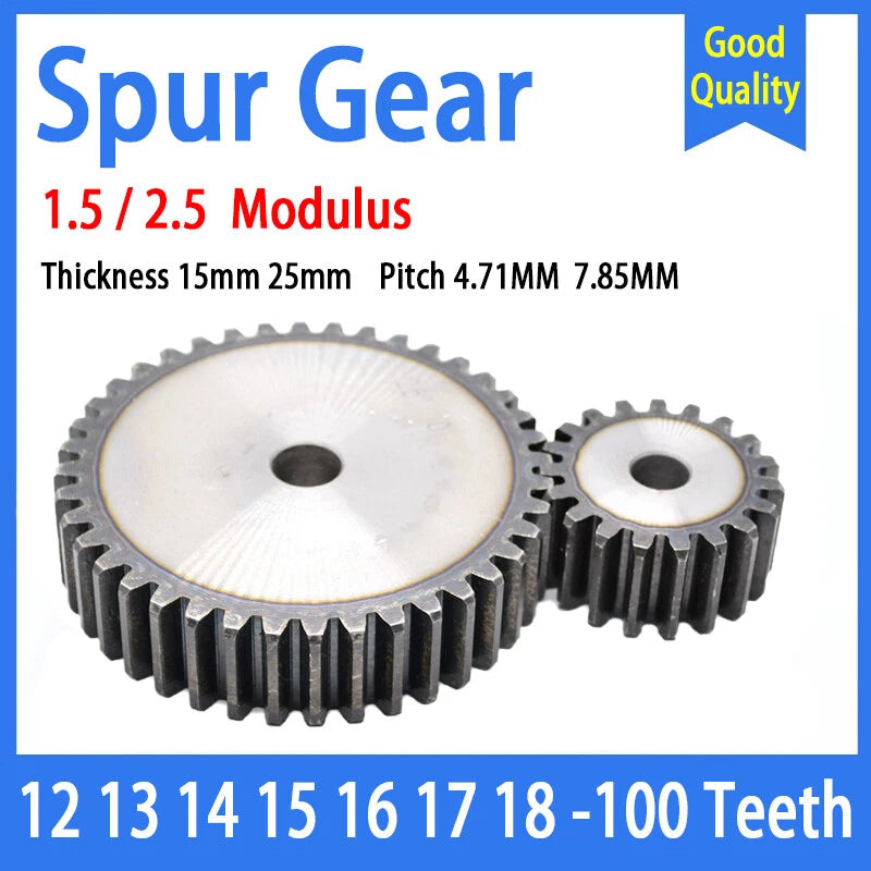 1.5 2.5 Modul Steel Spur Gears Pinion Gear Thick 15-25mm 12-100 Teeth For 3D CNC