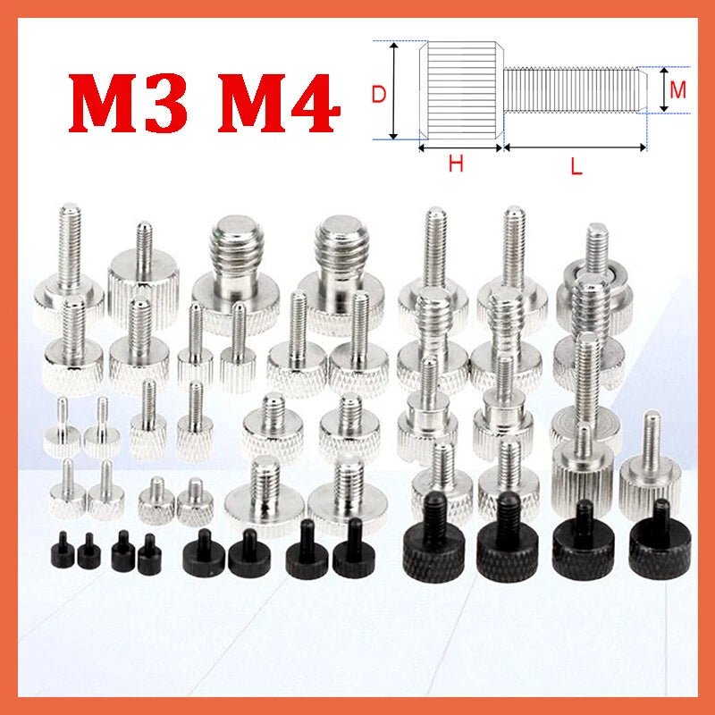 Knurled Thumb Screws Carbon Steel Round Hand Grip Knob Bolts M3 M4 Black Silver - HomeDIYer