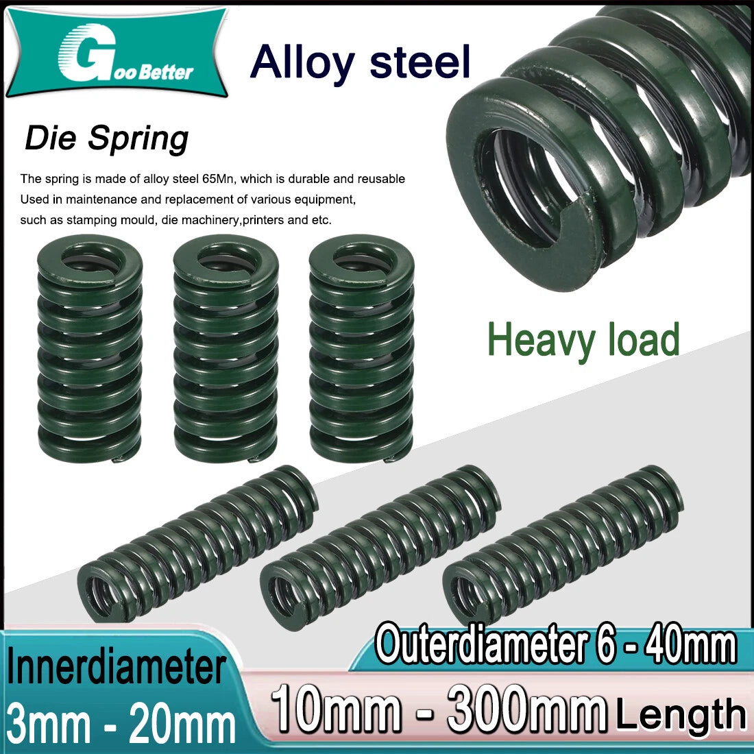 Green Heavy load  Compression Die Spring 6-40mm Diameter & Up To 300mm Long
