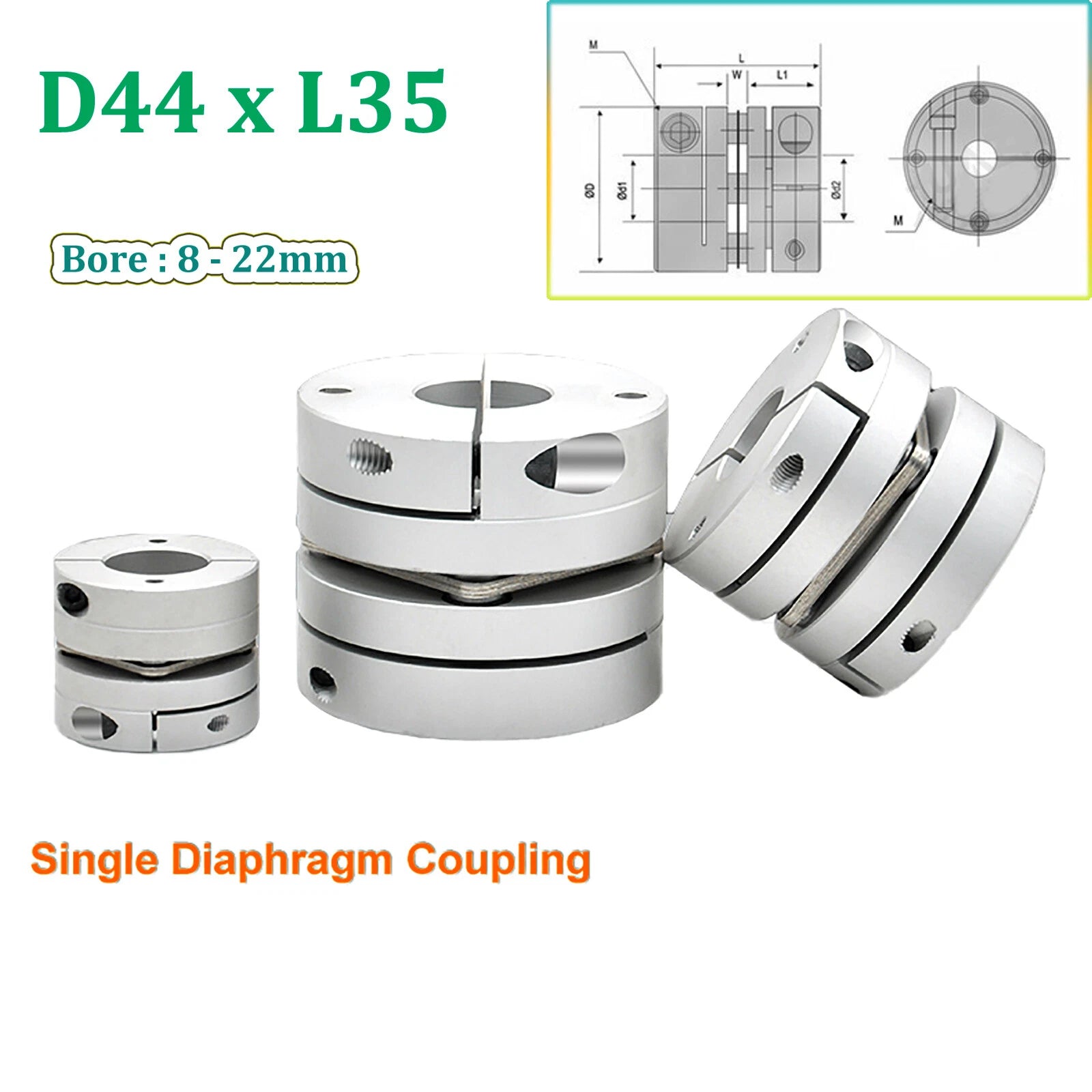 Servomotor Flexible Shaft Couplings Aluminium D44 Single Diaphragm CNC Coupler