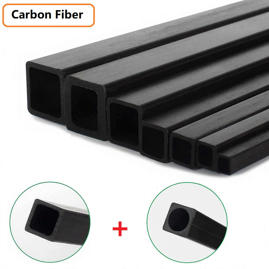 Carbon Fiber Square Tube 500mm — Square & Round Bore, 1.4mm to 12mm OD
